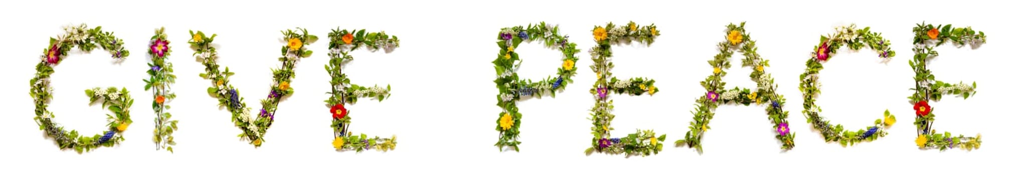 Blooming Flower Letters Building English Text Give Peace. Summer And Spring Season Blossoms And Flower Lei.