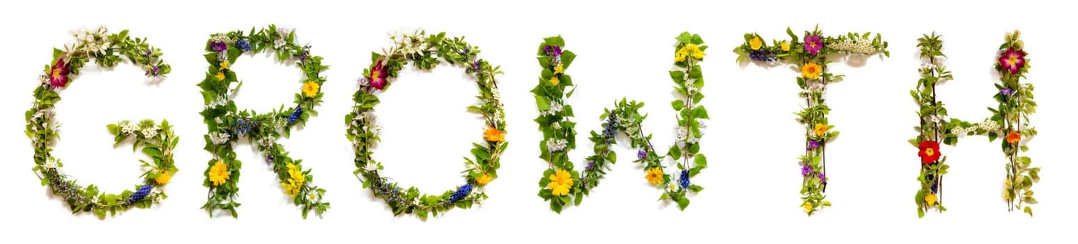 Blooming Flower Letters Building English Word Growth. Summer And Spring Season Blossoms And Flower Lei.