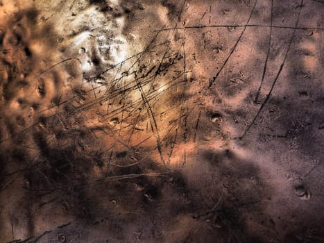 Metal bronze textured plate. Bronze or copper polished surface with dents, scratches and indentations. Metal texture.