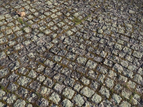 Neatly laid out old paving stones. Pavement on the square of the old town. Square and rectangular stones on the ground, covered with moss and lichens.