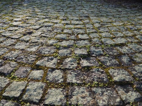 Neatly laid out old paving stones. Pavement on the square of the old town. Square and rectangular stones on the ground, covered with moss and lichens.