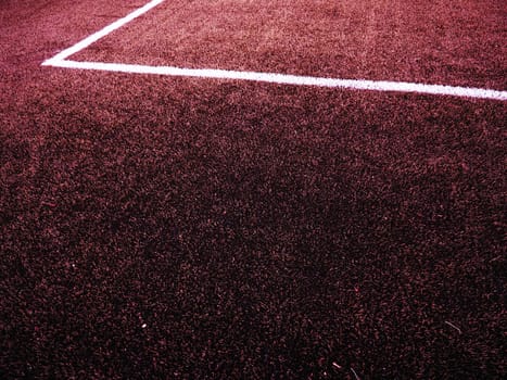 The marking of the football field on the grass. White lines no more than 12 cm or 5 inches wide. Football field area. Burgundy bright color. Side lines, goal lines