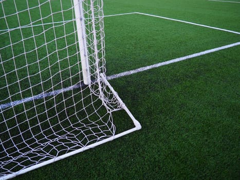 Soccer Goal Net with Grass Background. Football field markings and stripes.
