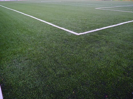 The marking of the football field on the green grass. White lines no more than 12 cm or 5 inches wide. Football field area