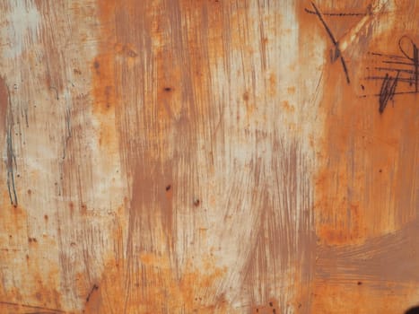rusty scratched metal. The metal surface has long been painted yellow-orange. Rust and damage. Wear over time and use.
