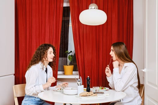 Two women having meal together at home and talking