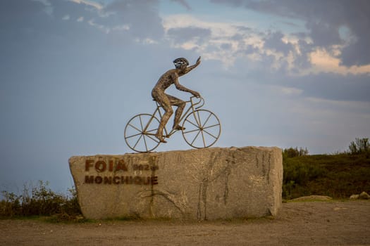 Foia De Monchique, Portugal, September 2022: Sculpture of a bicycle on top of the highest mountain of Algarve