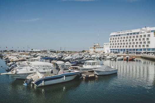 Faro, Portugal, September 2022: Faro harbor or marina view with EVA Senses hotel.
