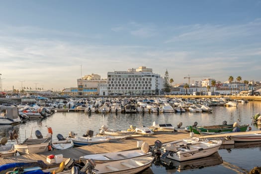Faro, Portugal, September 2022: Faro harbor or marine view with EVA Senses hotel.