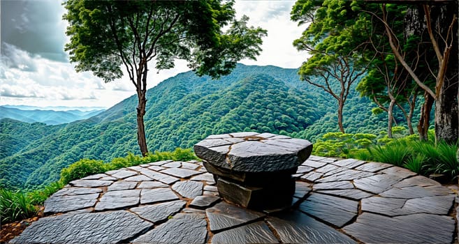 Stone table and bench on a viewing platform overlooking a mountain forest. Generative AI.