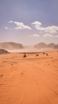 Vertical desert off road track leading into the mountains of Waid Rum. 9:16 aspect ratio.
