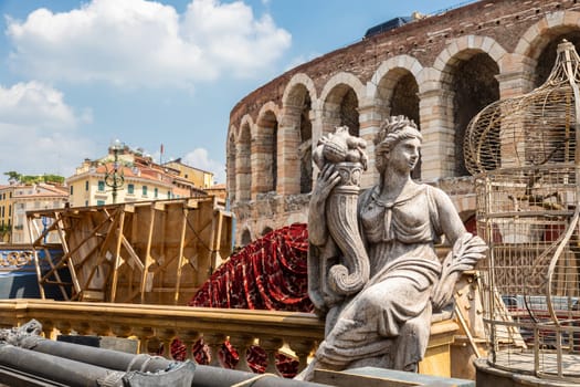 Verona, Italy - June 2022: preparing the stage for the thetre performance in the famous Arena di Verona - Aida spectacle
