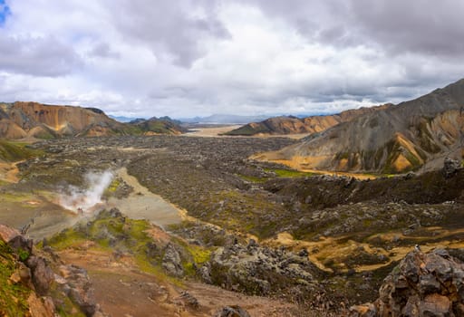 Hiking the Laugavegur hiking trail in landmannalaugar, fjallabak, Iceland. Travel, tourism, nature landscape and adventure