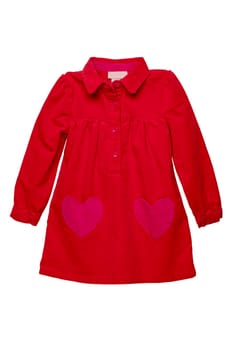 Summer dress isolated. A beautiful red girl's dress with attached heart shaped pockets and long sleeves isolated on white. Clipping path. Kids spring and autumn fashion.