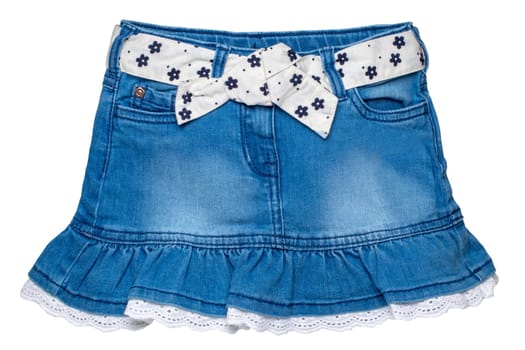 Jeans Skirt. Close-up of sexy short blue denim skirt with a white fabric belt with flowers and bow isolated on white background. Clipping path. Macro. Summer fashion.