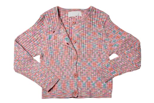 Girls clothes. Multi-colored knitted elegant fluffy cardigan or jumper with v-neck and button closure isolated on a white background. Clipping path. Kids and children's fashion.