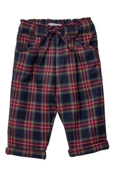 Summer shorts isolated. Close-up of a stylish fashionable plaid short pants with elastic and bow. Clipping path.Tartan checkered fabric texture background.