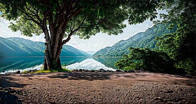 The quiet lake is surrounded by lush green mountains, with a large tree in front. Generative AI.