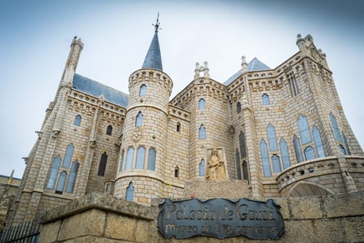 Astorga, Spain, May 2018: Episcopal Palace of Astorga (Leonese: Palacio Episcopal d’Estorga) is a building by Spanish Catalan architect Antoni Gaudí. Travel and Tourism in Spain.
