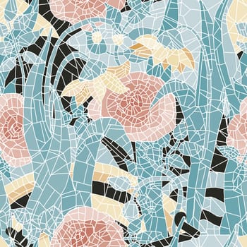 Seamless mosaic pattern.Seamless vintage pattern with an effect of attrition. Patchwork carpet. Hand drawn seamless abstract tiles. Azulejos tiles patchwork. Portuguese and Spain decor.Roses and daffo
