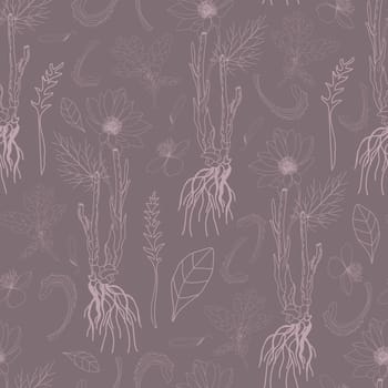 Design for fabric. Botanical pattern.Vector seamless pattern with plants on a gray background.