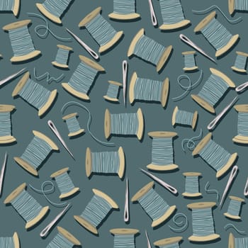Endless seamstress pattern. seamless pattern with threads, a needle on a turquoise background. hobby and needlework theme.