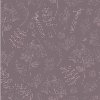 Design for fabric. Botanical pattern.Vector seamless pattern with plants on a gray background.