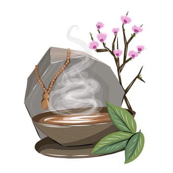 Composition with tea and cherry blossoms. Oriental theme. Tea drinking.