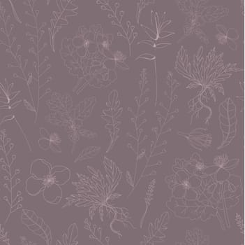 Design for fabric. Botanical pattern.Vector seamless pattern with plants on a gray background.