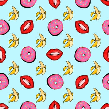 Design for fabric. Pop art pattern.Vector seamless pattern with bananas and donuts on a blue background.