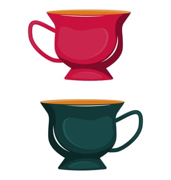 Ceramic cup pink and green. Dishes for tea drinking. Vector isolated illustration