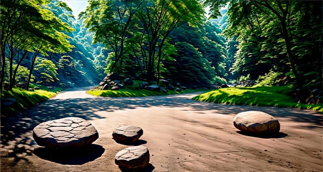 Forest road with stone cobblestones and a large stone in the foreground. Generative AI.