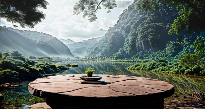 Stone table and bench on a viewing platform overlooking a mountain forest. Generative AI.