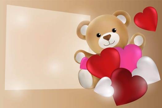 Teddy bear with colorful hearts and a piece of paper with copy space. Valentine's Day concept. Universal holiday background. Vector image.