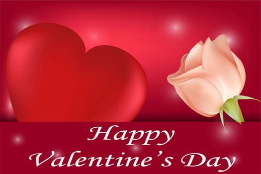 A big red heart and a white pink rose in an envelope on a red background and the inscription Happy Valentine's Day. Vector image.