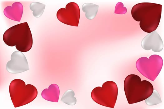 Frame of multi-colored hearts on a white-pink background. Valentine's Day concept. Universal holiday background. Vector image.