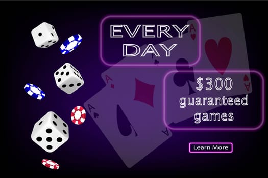 Online casino. Banner for the site with cubes, cards and chips on a purple background. The concept of gambling, online casino. Vector image.
