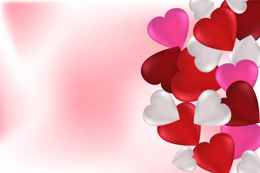 Multicolored hearts on a white and pink background with copy space. Valentine's Day concept. Universal holiday background. Vector image.