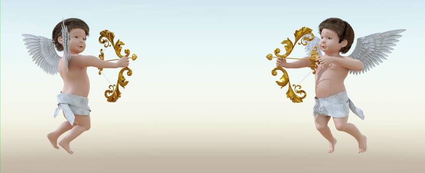 3D Illustration , 3d rendering . valentine guardian slogan with Flying Cupid holding bow and aiming or shooting arrow . copy space for text . banner