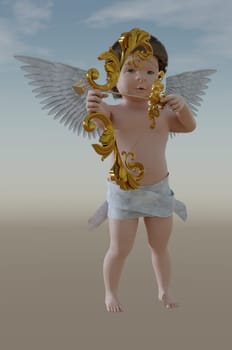 3D Illustration , 3d rendering . valentine guardian slogan with Flying Cupid holding bow and aiming or shooting arrow . copy space for text .