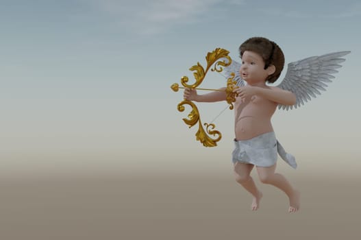 3D Illustration , 3d rendering . valentine guardian slogan with Flying Cupid holding bow and aiming or shooting arrow . copy space for text .