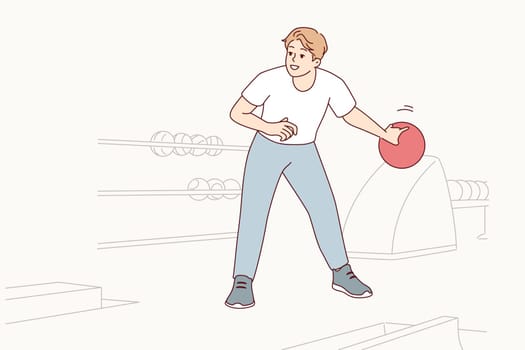 Man playing bowling swings hand to make great throw and knock down all pins. Guy with ball enjoys game of bowling competing with friends during Friday break after work. Flat vector design
