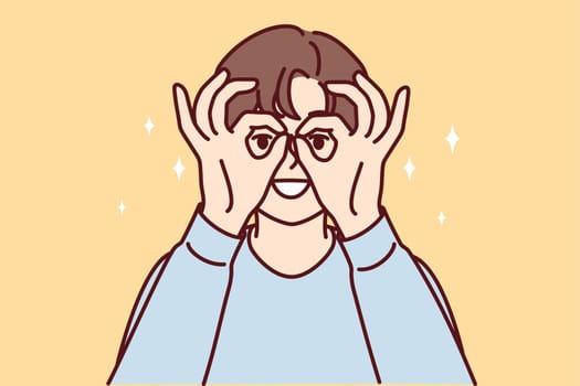 Young woman puts hands to face imitating invisible binoculars to look at object in distance. Funny girl looks at display using fingers instead of carnival mask. Flat vector illustration