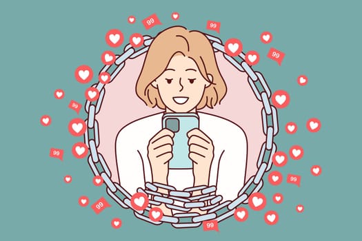 Woman with chained hands using mobile phone symbolizing addiction to internet and gadgets. Girl with smartphone surrounded by hearts cannot refuse to visit social networks. Flat vector image