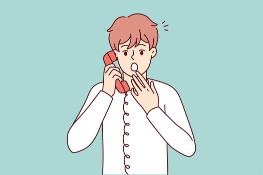 Frightened man holding telephone receiver near ear feel fear after telephone threats. Discouraged guy covers open mouth with hand after learning about college dropout. Flat vector illustration