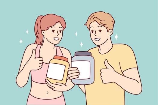 Slim man and woman demonstrating jars for sports supplements and showing thumbs up. Guy and girl trainers from fitness club recommend purchasing specialized nutrition for athletes. Flat vector design