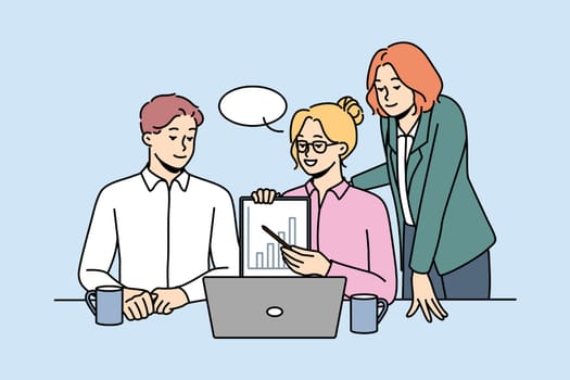 Smiling businesspeople talk on video call on computer make presentation. Happy employees present business project together on webcam conference on laptop. Vector illustration.