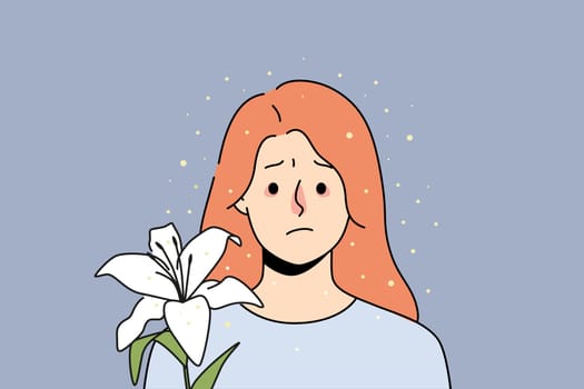 Unhappy sick young woman with red nose suffer from flower allergy. Ill girl struggle with pollen allergic reaction. Healthcare concept. Vector illustration.