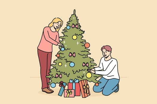 Happy couple decorate fir-tree with balls and bulbs together. Smiling man and woman enjoy Christmas tree decoration at home for winter holidays. Vector illustration.