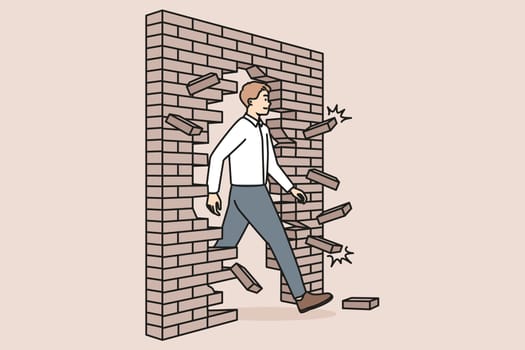 Confident businessman walk through crashed brick wall achieve business success or achievement. Motivated male employee break crash wall go for goal accomplishment. Vector illustration.